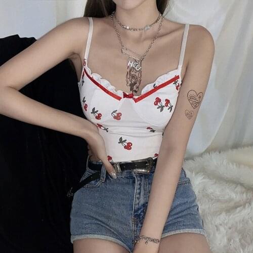 Women Casual Sleeveless Cherry Print Bodycon Club Sling V Neck White Leotard Jumpsuit Sexy Backless Bodysuit Rompers Lingerie