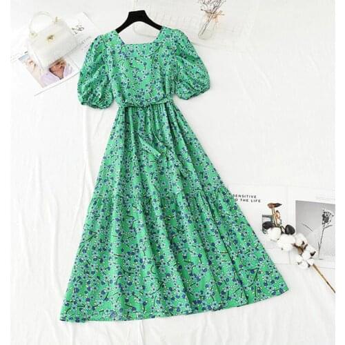 Cotton Linen Printing Summer Dress 2021 Vintage Casual Square Collar Short Sleeve Floral Midi Dresses Women Elegant Vestidos
