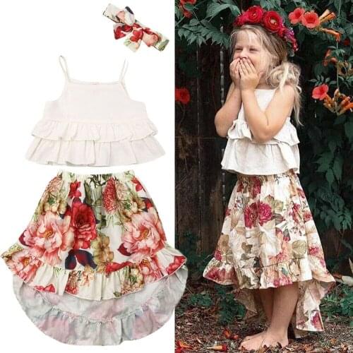 Citgeett 3PCS Toddler Baby Girl Summer Clothes Solid Sleeveless Strap Tops+Floral Dress Outfits Set