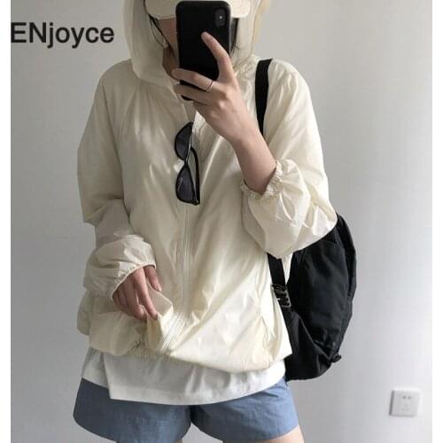 Summer Basic Hooded Jackets for Women Sunscreen Zipper Thin Coats Korean Casual Long Sleeve Windbreaker Loose Outdoor Outerwear