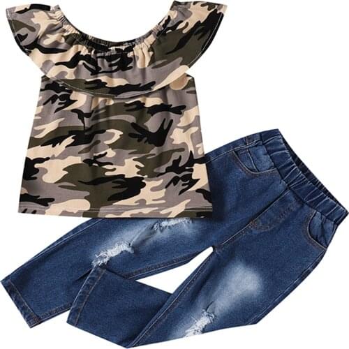 2-6Years Toddler Girls 2Pcs Summer Outfits, Camouflage Ruffle Tops + Ripped Denim Pants Set
