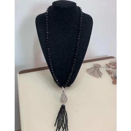 Best-selling 10mm black glass crystal micro inlay zircon tassel long sweater chain necklace fashion jewelry