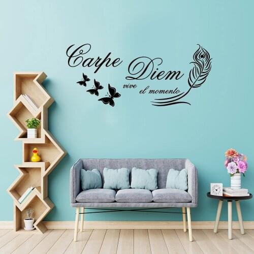 Carpe Diem Live In The Moment Wall Sticker Spanish Quote Wall Decals Feather Butterfly Decoration Wall Art Murals Home Decor