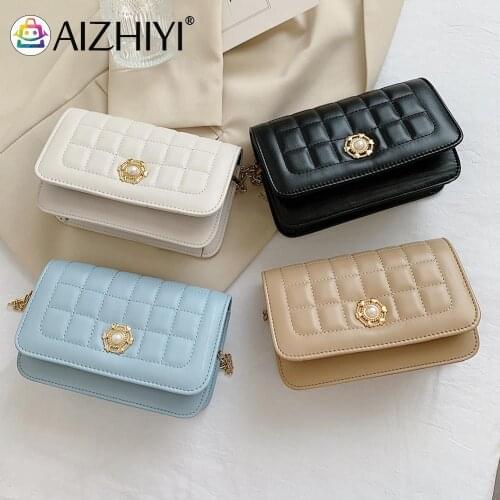 Fashion Women Pearl Solid Color Lattice Shoulder Crossbody Messenger Bag Casual Ladies PU Leather Chain Mini Flap Purse Handbags