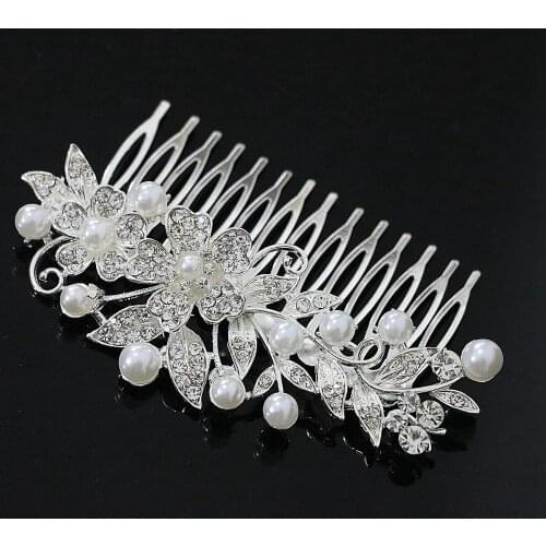 TRENDY Charms Style Flower Rhinestone Women Hairpins Comb Barrette Crystal Shell Silver-color Wedding Hair Jewelry B1266-5