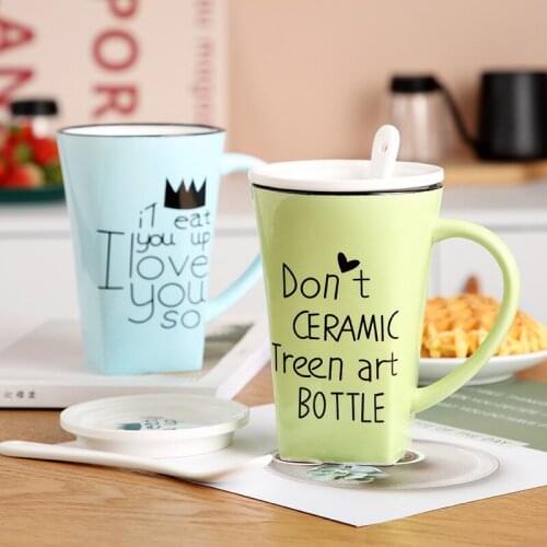 Cartoon ceramic cup cup with cover spoon Mug couple breakfast milk cup