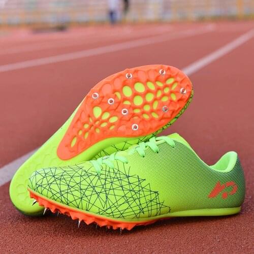 Mens and womens track and field shoes breathable spikes running shoes green orange sports shoes spikes for men