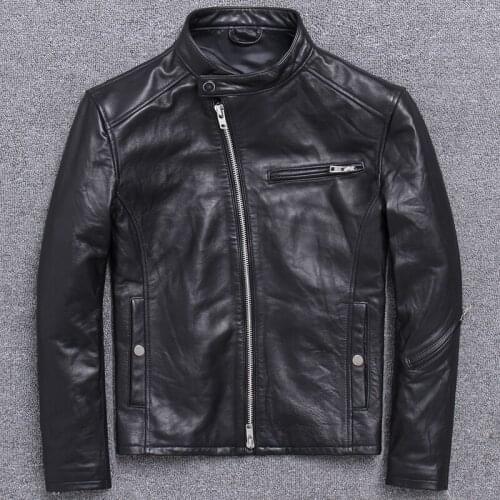 Mens Genuine Leather Jacket Slim Short Sheepskin Stand Collar Motorcycle Leather Jacket with Oblique Zip