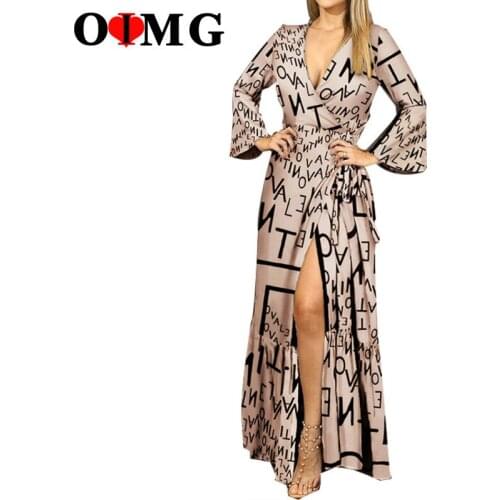 OIMG Letter Print Basic Tunic Vintage Evening Dresses Women Elegant Fashion Long Night Dress Bandage Sexy Cotton Chic Party Robe