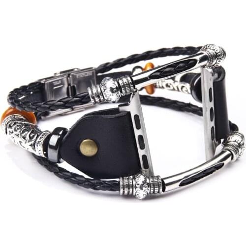 Vintage PU Leather Watch Band for Apple Watch Series 4/3 Replacement Bead Braided Bracelet Strap (21.5 cm) Watch Strap 38mm 40mm