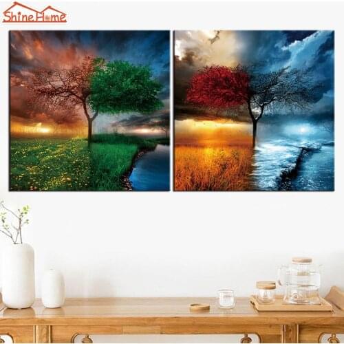 ShineHome-Modular Pictures Paintings on the Wall Canvas Oil Painting with Frame Prints Printing Tree for Cafe Living Room Decor