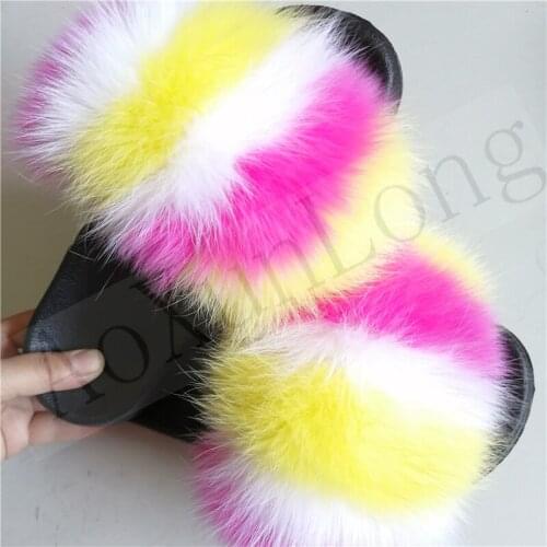 Real fox fur slippers women fluffy shoes women furry fur slides plush fur sandals beach raccoon fur flip flops 35-45 home slider