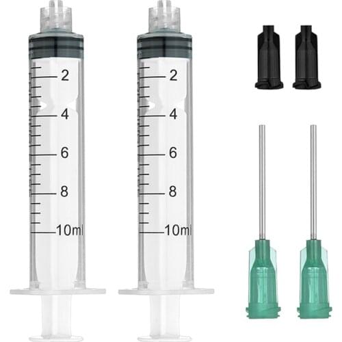 2 pcs 10ml Capacity Syringe Crimp Sealed with Blunt Needle Tips & Caps Transparent Syringes For Industrial Glue Oil Ink Usage