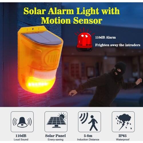 Solar Alarm Light with PIR Motion Sensor LED Strobe Lights 110dB Loud Siren Outdoor IP65 Waterproof Warning Light for Farm Yard