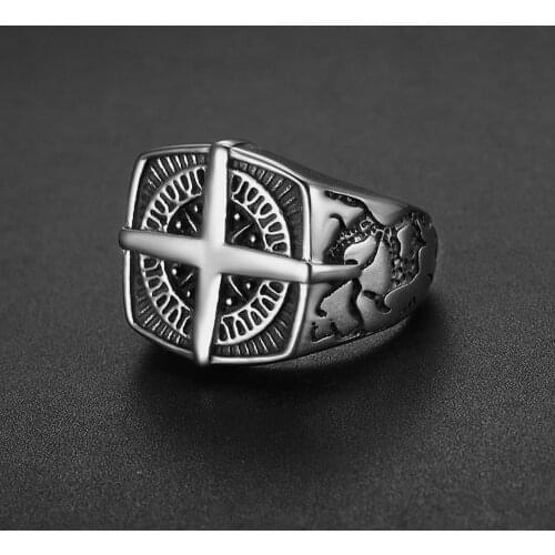 Vintage 316L Stainless Steel Viking Compass Ring Men Punk Geometric Crack Pirate Compass Ring Jewelry Gift Size 7-13