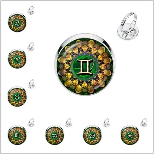 Vintage Indian Yoga Mandala Handmade Esoteric 12 Constellations Rings Glass Cabochon Zodiac Signs Jewelry For Men Women Gift