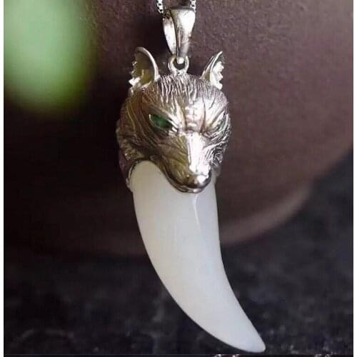 Fine jewelry Hetian Jade Drop 925 Silver-inlaid Natural Hetian Jade Drop Wolf Tooth pendant