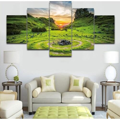 Green Grass Sunset Scenery 5 Pieces Pictures HD Prints Canvas Painting Bedroom Modern Art Poster Wall Decor Modular Murals Chart