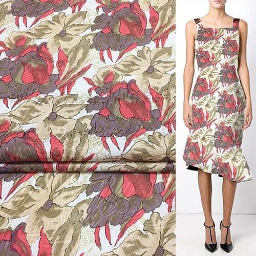 Red floral design jacquard 100% pure silk fabric 18momme not transparent,SFF064