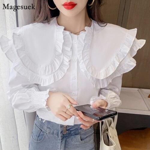 Long Sleeve White Blouse Women Double Layer Ruffles White Loose Women Shirts Vintage Fashion Korean Sweet Office Lady Tops 16966