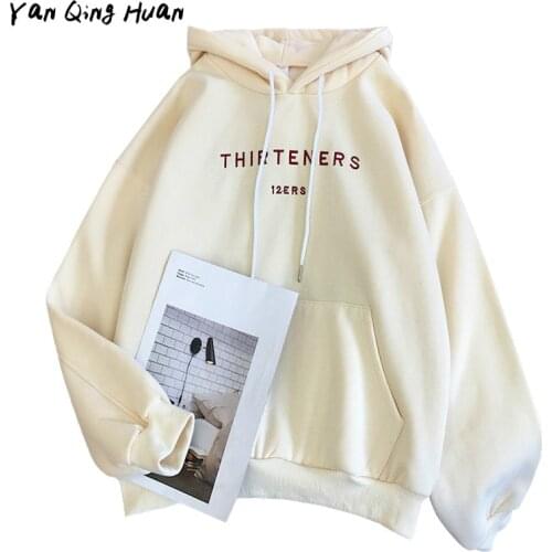 Winter Womens Clothing Plus Velvet Hoodie Long-sleeved Letter Printing Harajuku Sweatshirt Fashion Pocket Ladies Pullover Women