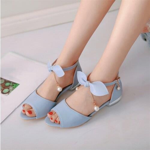 YMECHIC Low Heeled Sandals 2019 Peep Toe Bowtie Chain Bead Peep Toe Chunky Heels Blue Cute Sandals for Women Lolita Shoes Summer