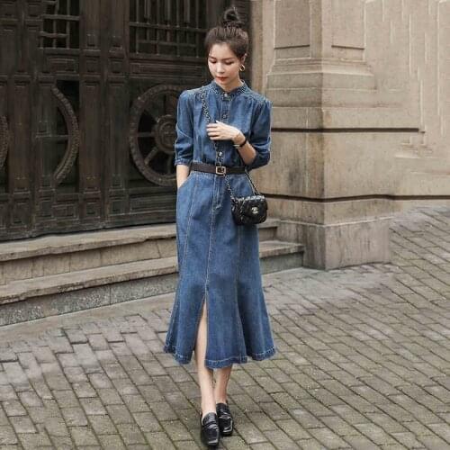 Denim Dress Female 2021 Spring Autumn New Three-Quarter Sleeves High Waist Single-Breasted Korean Fashion Long Womens Dress 63X