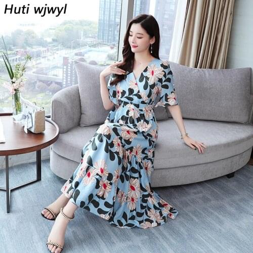 Summer Vintage Print Chiffon Boho Maxi Sundress 2021 Plus Size Short Sleeve Beach Midi Dress Women Bodycon Party Elegant Vestido