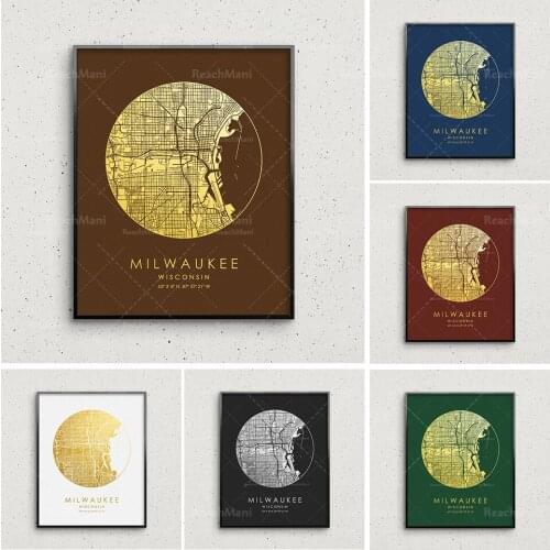 Milwaukee map printing gold and silver map Nordic living room decoration canvas poster modern home decoration art print painting
