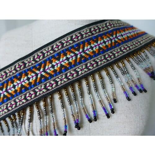 1 Yard Retro Beaded Jacquard Lace Ribbon Tassel Fringe Trimming Braided Lace Fabric Motifs Sewing Accessories
