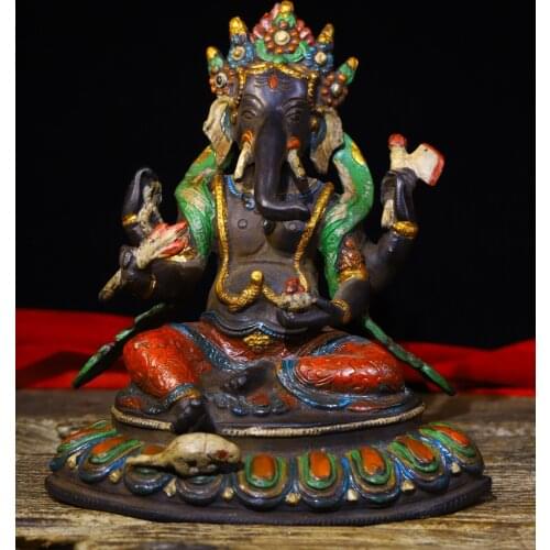 8"Tibet temple Bronze Painted Four arms Elephant Trunk God of Wealth Sitting Buddha Enshrine the Buddha Town House Exorcism