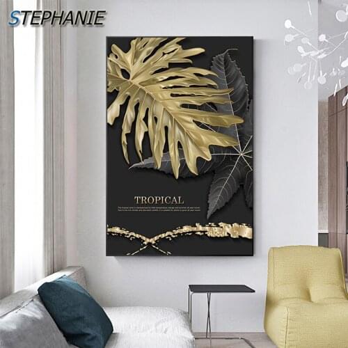 Black Gold Leaf Holiday Decor Abstract Canvas Painting Luxury Wall Art Picture for Bedroom Christmas Theme Tableaux Poster Print