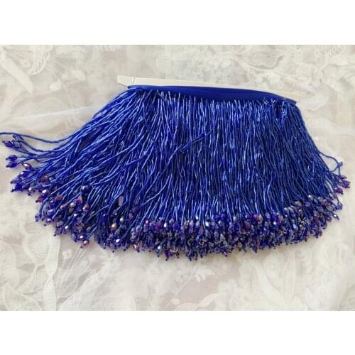 1 yard blue bead fringe tassel trim for dance costume, haute couture dress trimming, beading fringe