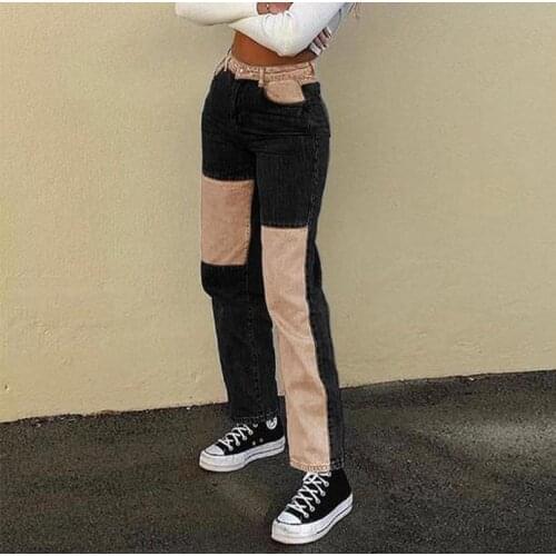 Fashion Patchwork Skinny Straight Jeans Women 2021 High Waist Pocket Sexy Color Block High Street Long Gray Denim Trousers