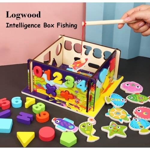 Logwood Wooden Magnetic Fishing Toy Intelligence Box 2-in-1 Digital Geometric Shape Matching Building Block Early Education Toys
