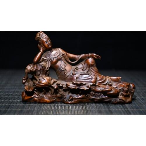 5"Chinese temple collection Old Boxwood Guanyin Bodhisattva Sleeping Buddha Meditating buddha Free Goddess of Mercy Ornaments