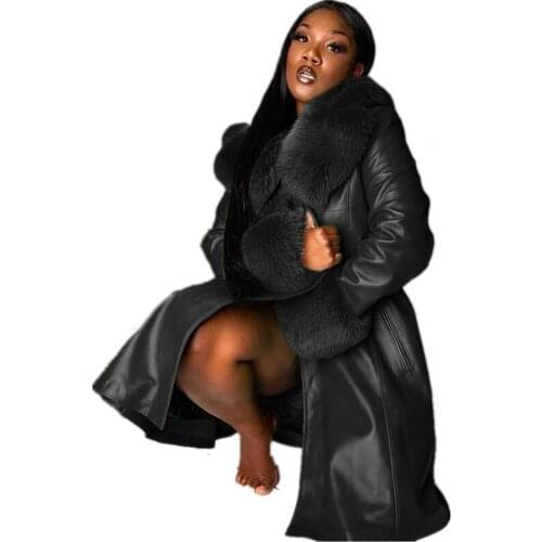 Faux Leather Jacket Ladies Winter Fashion Big Size Coat PU Fur Collar Big Fur Collar Temperament Commuter Belt Ladies Clothing