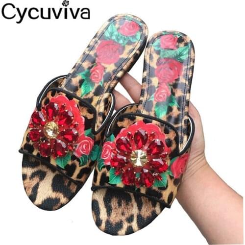 Summer Leopard Print Leather Slippers Women Red Flower Rhinestones Chunky Heels Mules Sandals Runway Beach Party Shoes Woman