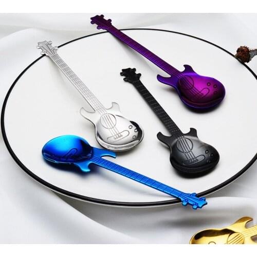 Stainless Steel Guitar Shaped Coffee Stirring Ice Spoon 7 Colors Teaspoons Dessert Spoons Music Bar Home Tableware Kitchen