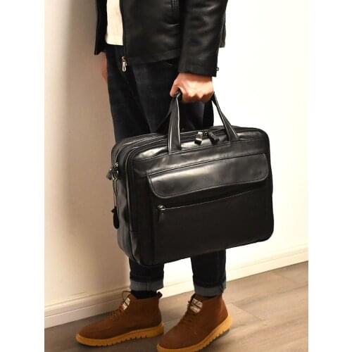 Natural Oil Wax Genuine Cow Leather Men Handbag Large 3 Layers 15.6" Laptop Business Briefcase Bag