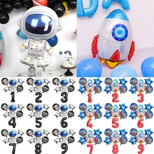 6pc 32 Inch Digital Aluminum Foil Rocket Star Astronaut Balloon Confetti Latex Set Birthday Party Decorations Kids Baby Shower