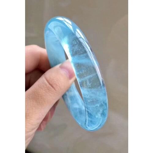 Genuine Natural Blue Aquamarine Gemstone 61mm Crystal Woman Bangle Beads Bracelet Inner Diameter 61mm AAAAAA