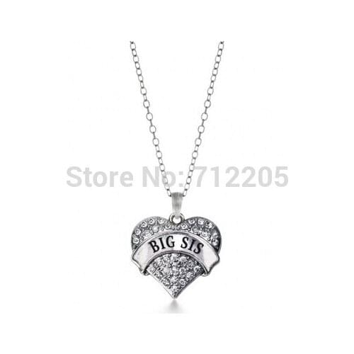 New Arrival 1*1 inch big size hearts BIG SIS crystal heart pendant necklace Family Jewelry Gift