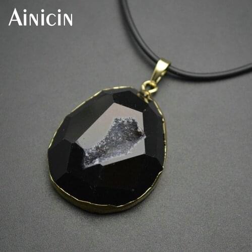 5pcs Natural Black Drusy Stone Faceted Convex Surface Gold Color Fashion Men and Women Pendant 18'' Rubber Chain Necklace