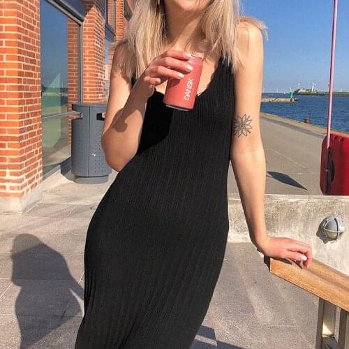 Black Fancy Knit Dress Summer Femme Round Neckline Elegant Sleeveless Dresses Vintage Casual Robe longueur midi sans manches