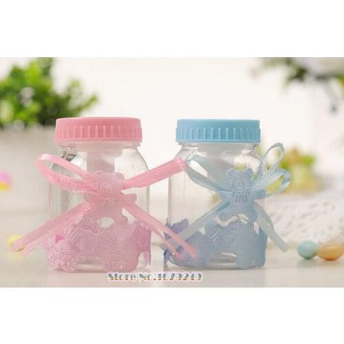 Cute Baby Bottle Style Favor Box for Baby Shower Decor Blue & Pink Bear Lace Bowknot Package Boxes Wholesale