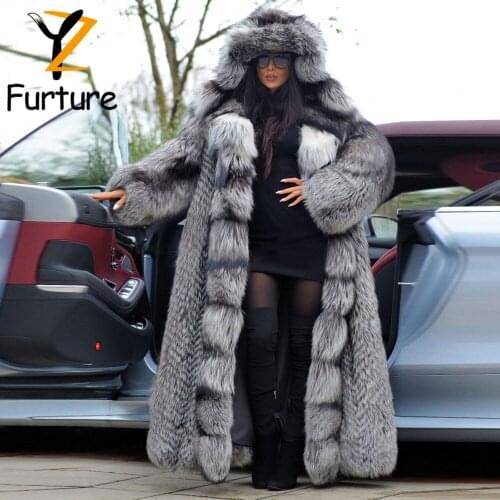 Luxury Genuine Sliver Fox Fur Hooded Overcoat Thick Whole Skin Genuine Fox Fur Jacket 130cm Long Women Warm Fur Outerwear Winter