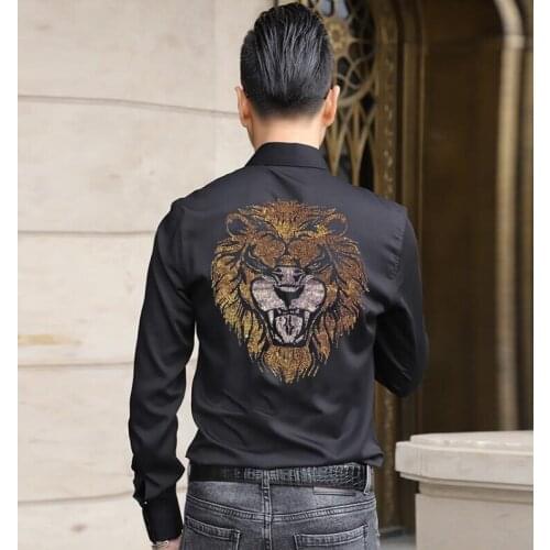 Fashion Hot Drill summer Men Shirts New Solid Color Turn Down Collar Long Sleeve Blouse Mens Shirt Top Male Rhinestone Shirt