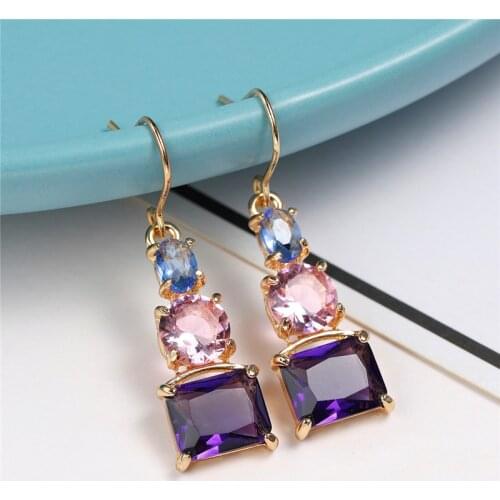 Luxury Female Purple Crystal Drop Earring Yellow Gold Color Wedding Earrings For Women Trendy Geometric Long Dangle Earring