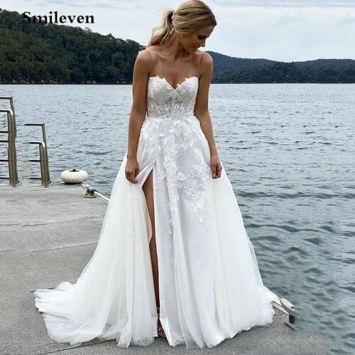Smileven Beach Wedding Dress Sexy Side Slit Wedding Gowns Lace Applique Tulle Bride Dress Off Shoulder Long Dress 2020 Vestidos